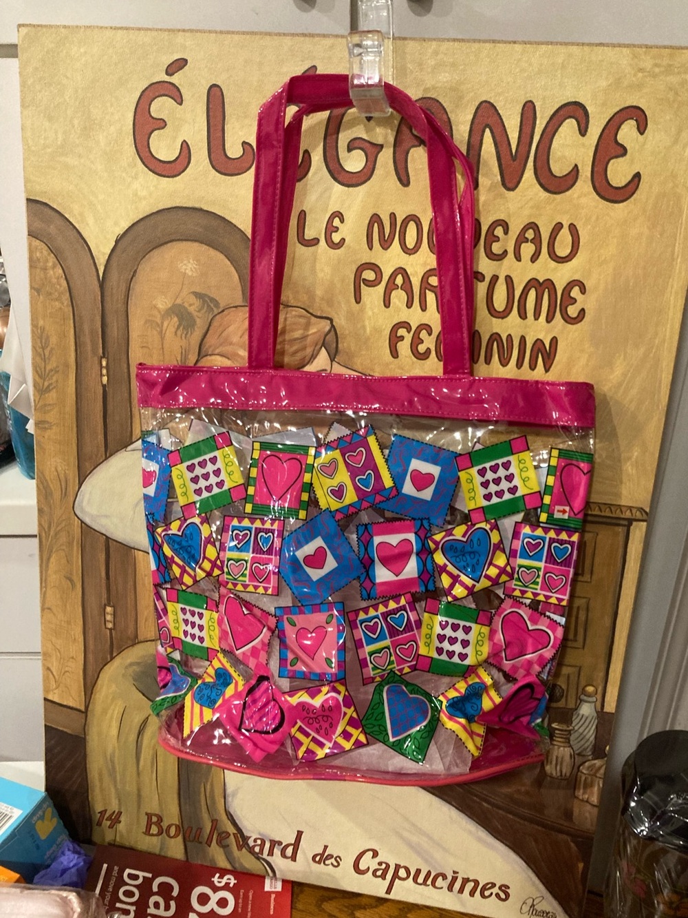 Clear Tote Bags (2) with Colorful Print and Trim - Pink, Blue or White